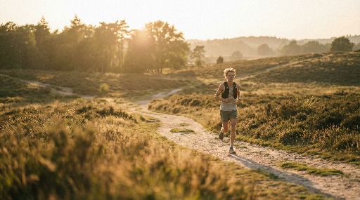 Woman jogging on a trail through a sunlit landscape.