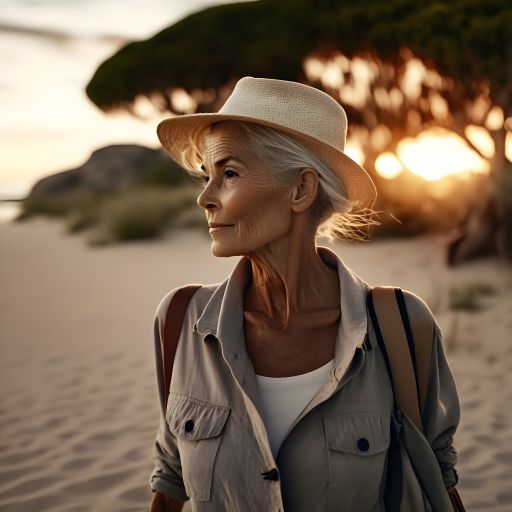 Portrait of a 65-Year-Old Woman Enjoying a Stroll Along a Tropical Beach