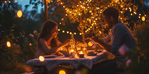 Couple enjoying a romantic dinner outdoors under string lights
