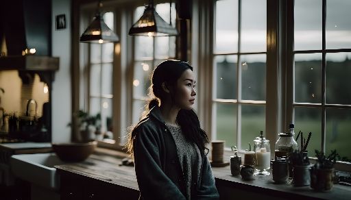 Asian woman in a room with large windows