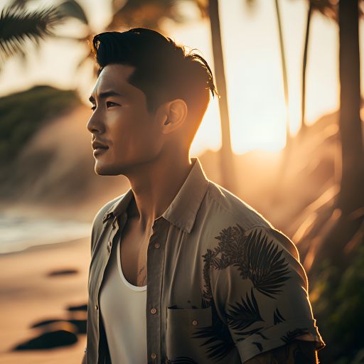 A serene image of a thirty-year-old Asian man walking at a tropical beach, surrounded by a breathtaking golden hour.