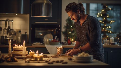 Man baking christmas cake in contemporary kitchen