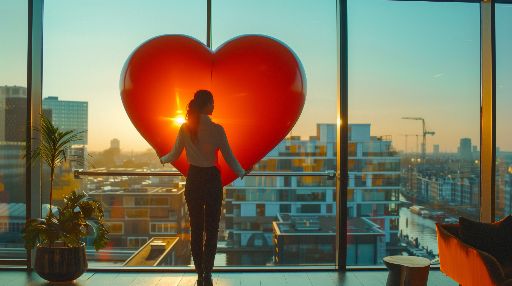 Silhouette of a person holding a heart-shaped balloon against cityscape