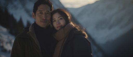 Adventure-loving asian couple enjoying winter sports in snowy mountain landscape