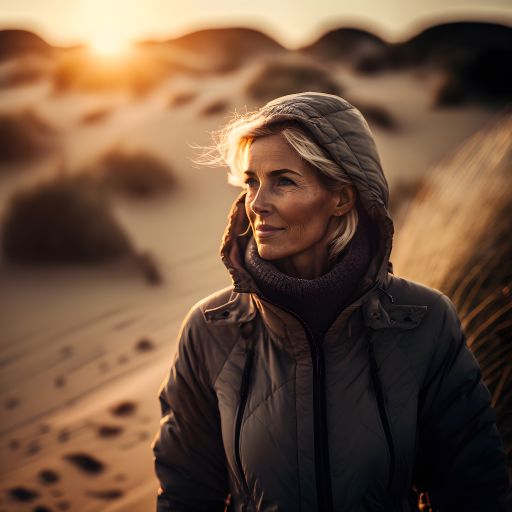 A woman takes a solitary walk through the dunes as the sun sets, the colors of the sky painting the landscape in warm hues.