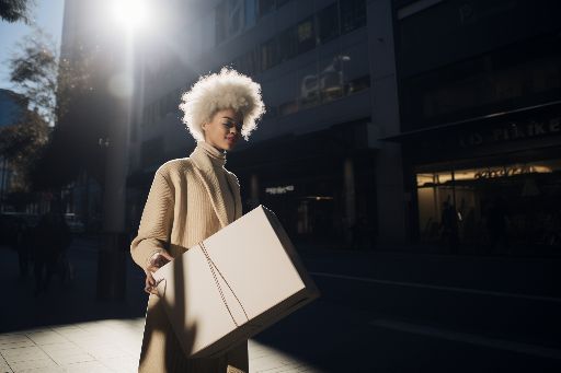Woman with gift box, empowered in vibrant city street