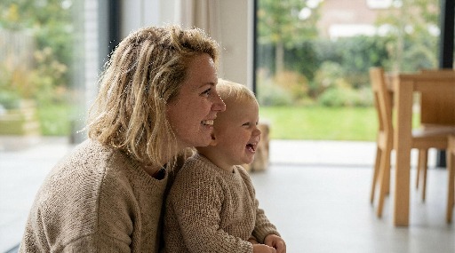 Woman and toddler smiling indoors by a window.