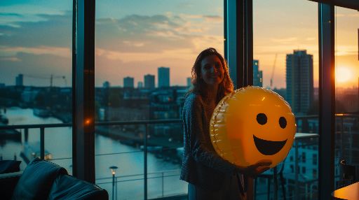 Woman with a smiley balloon by a window at sunset overlooking cityscape