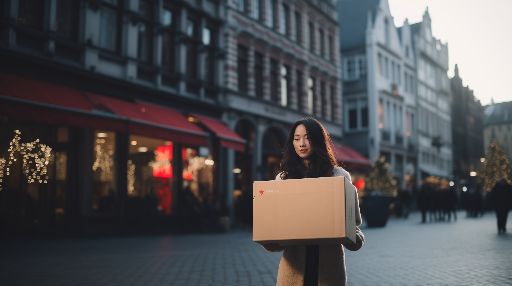 Asian woman holding a large gift box on a vibrant city street during christmas