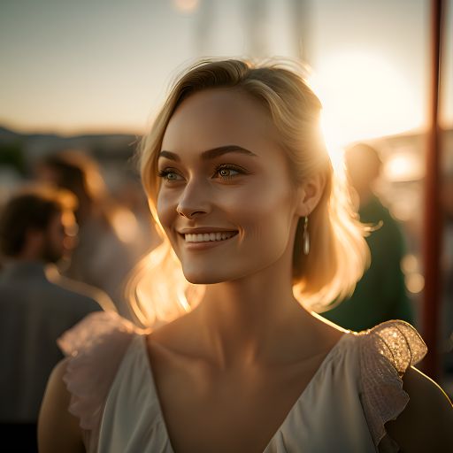 Young woman celebrates joyfully at a sunset party.