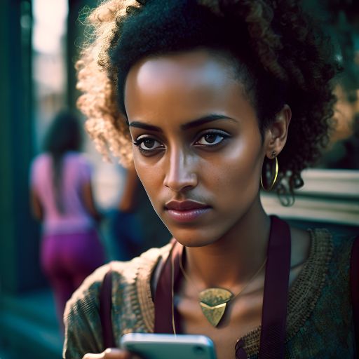 A Glimpse of the Distance A Young Ethiopian Woman on the Street Using a Smartphone and Looking Forward