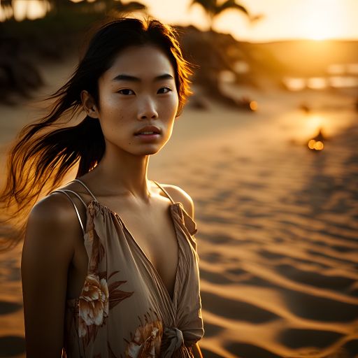 Portrait of a Young Asian Woman Walking Along a Tropical Beach