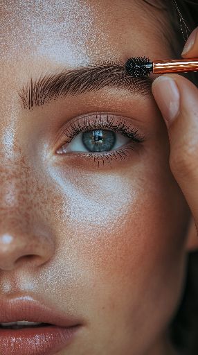 Close-up of a woman grooming her eyebrow with a brush