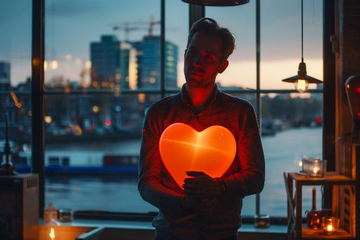 Silhouette of a person holding a glowing heart-shaped object