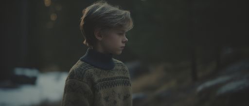 Child in vintage christmas sweater in swedish forest