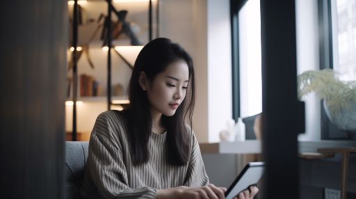 Young Asian woman holding tablet, sitting on the couch