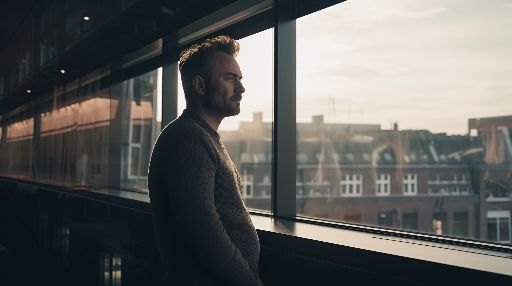 Corporate reflection: man gazing out window