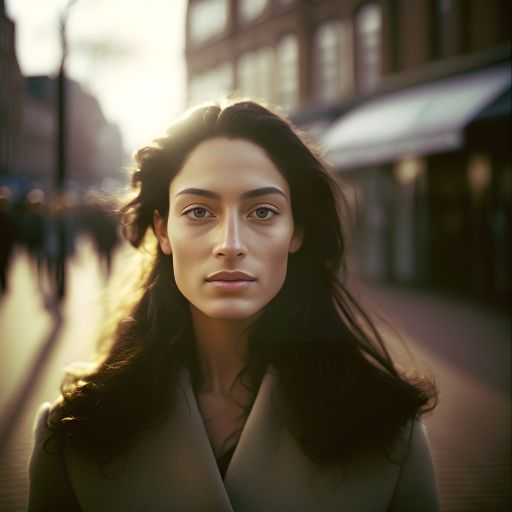 City Road: Portrait of a Woman with a Serious Gaze and a Crowd in the Background with a Lens Flare