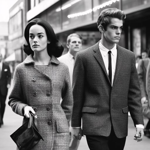 60's fashion couple walking in urban street