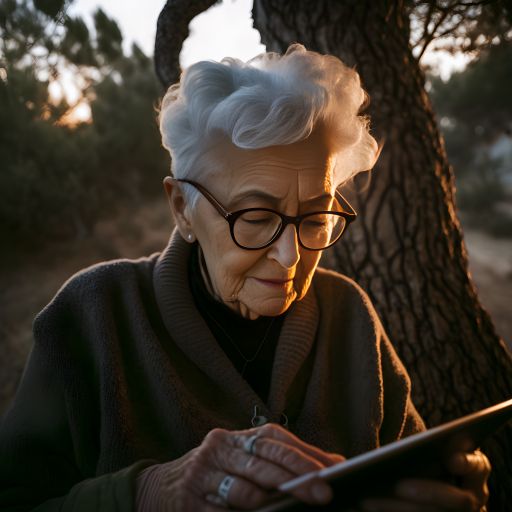Elderly woman using a tablet at home