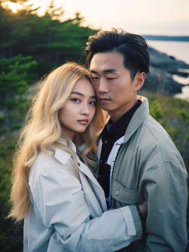 Asian couple hugging by the sea