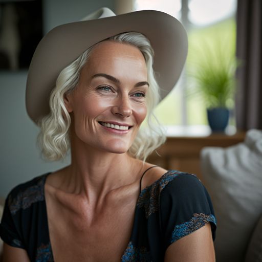 Portrait of mid-forties woman at home in wearing sun hat