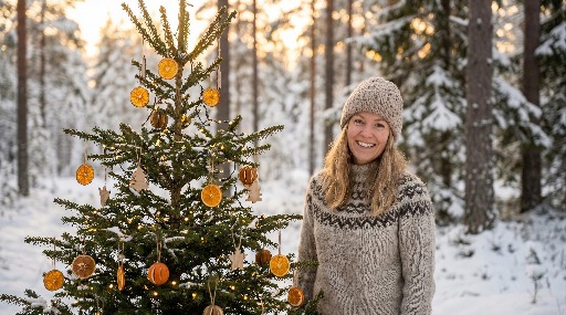 Woman in knit sweater and hat stands by decorated tree in snowy forest.