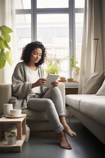 Woman holding a tablet in living room