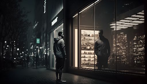 Man Walking Past a Brightly Lit Fashion Store