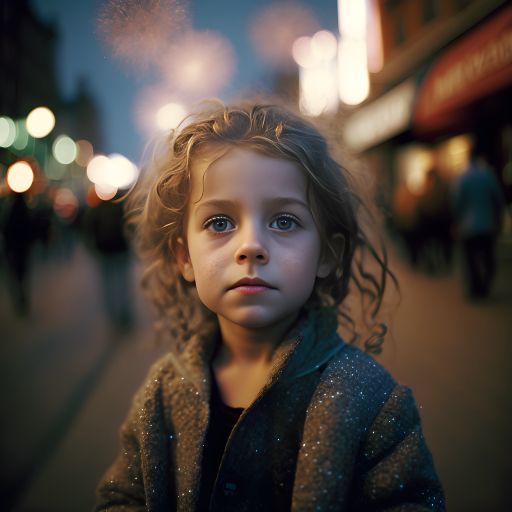 Cinematic Glow: Portrait of a Child on the Streets of Amsterdam with Fireworks in the Background