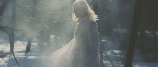 woman in misty forest, fashion shoot.