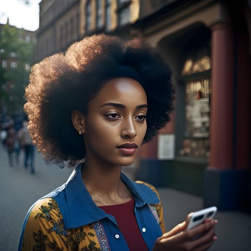 Summer Street Smartphone: Portrait of a Young Woman with Brown Curly Hair in Soft Focus