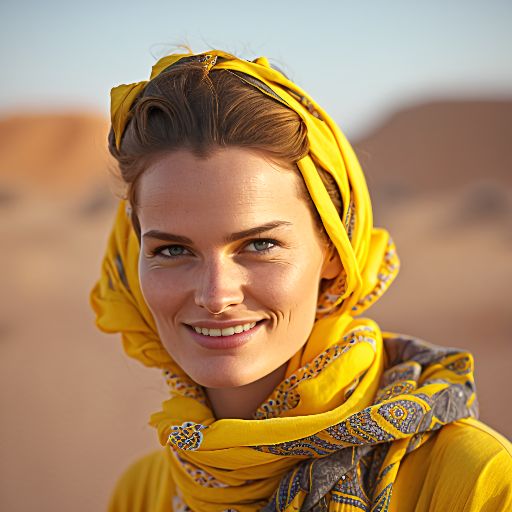 Colorful desert: A woman in a colorful dress with yellow accents against a desert background