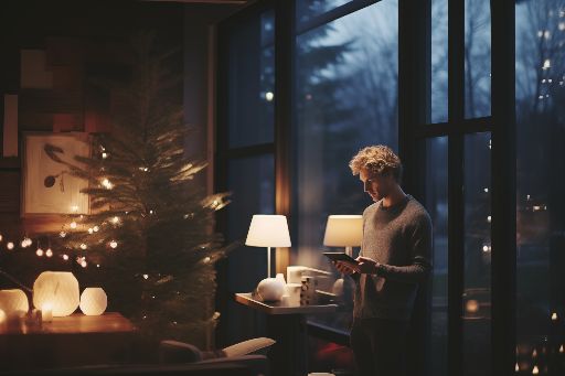 Man holding a tablet in Christmas decorated living room
