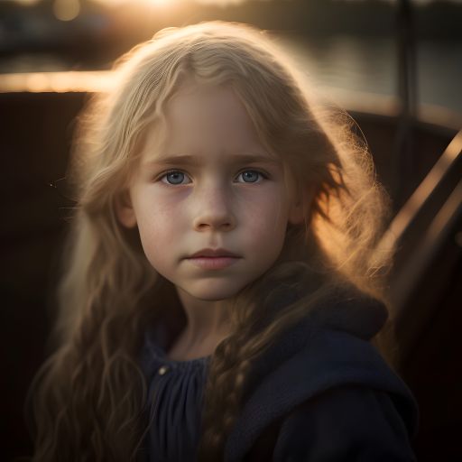 A young blonde girl sits on the front of a boat, her hair blowing in the wind as she watches the sun dip below the horizon.