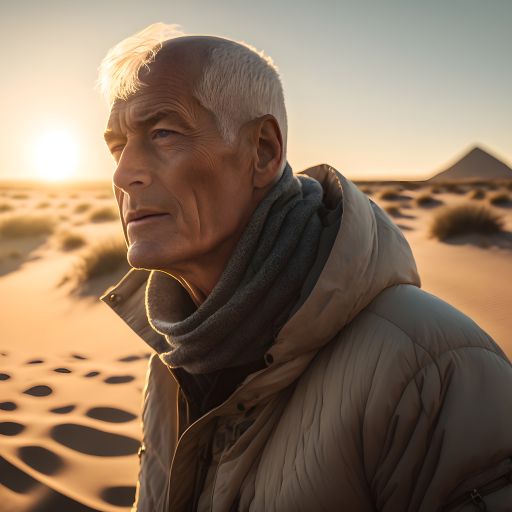 A man walks through the dunes, the setting sun casting a warm glow over his face.