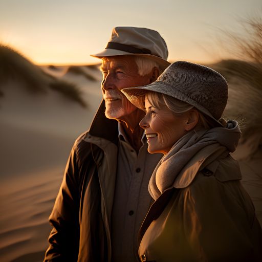 A couple in their 60s, their faces weathered by time and experience, walk together through the serene dunes.