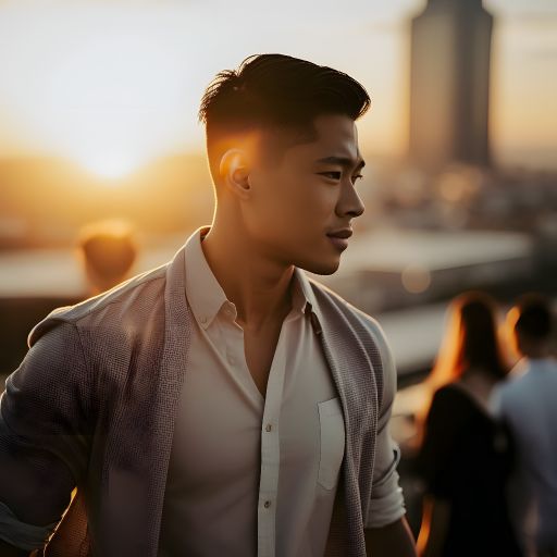 Asian man enjoys city view at rooftop bar during golden hour