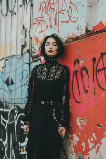 Woman in black attire against graffiti wall