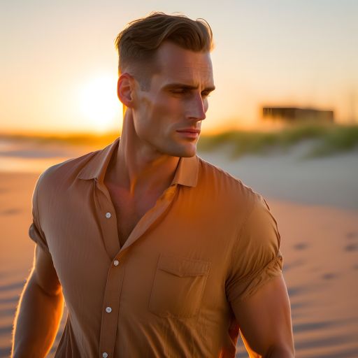 Man walking on tropical beach, sun setting in distance