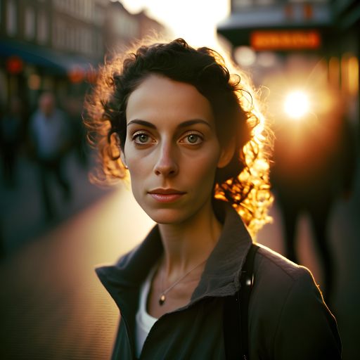Backlit Portrait of a Woman on the Streets of Amsterdam: Sunlight, Gesture, Crowd, Road, City, Lens Flare, Travel, and Curly Hair