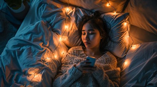Woman lying in bed with fairy lights, looking at phone