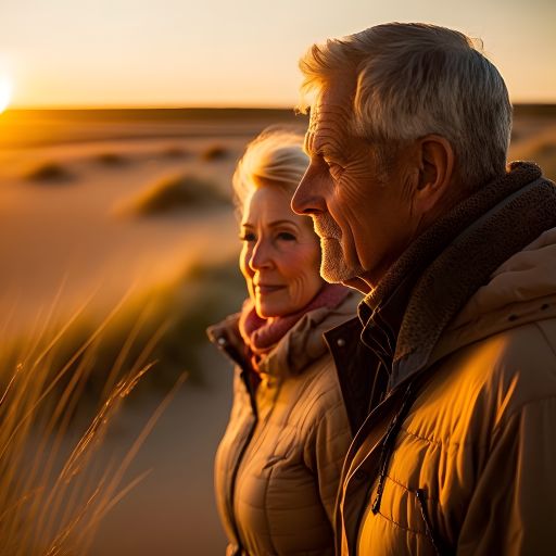 A couple in their 60s, their faces lined with wrinkles, walk through the dunes, their love for each other still strong.