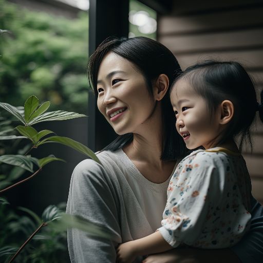 Smiling asian mother and child posed in spring home
