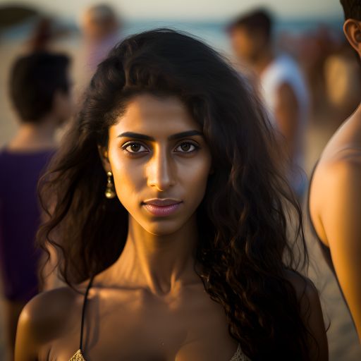 Indian woman enjoys beach party at sunset: drinks, crowds, fun