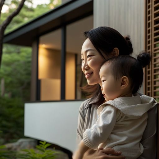 Happy asian mother and child in home garden portrait.