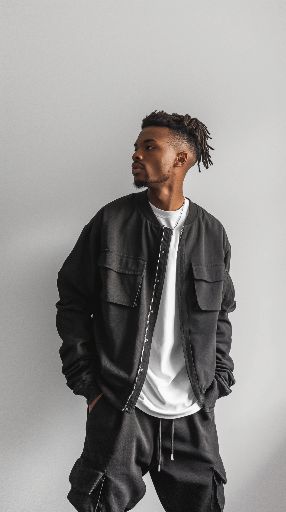 Stylish man in black urban wear posing against a grey background