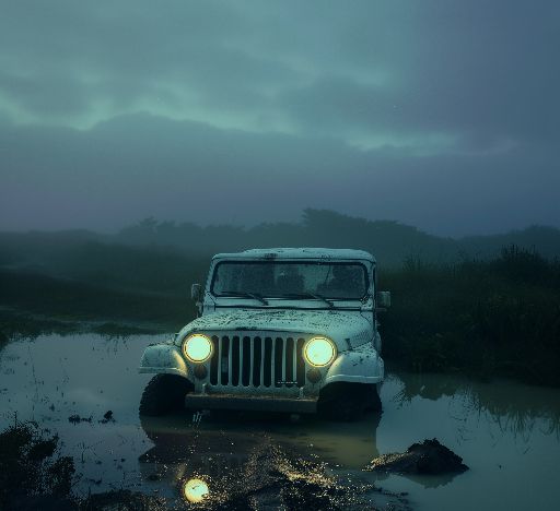 Jeep navigating through a muddy terrain at twilight
