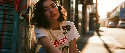 A young woman outdoors wearing a embroidered t-shirt with patches