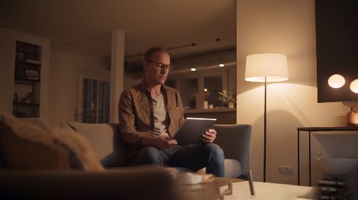 Middle-aged man relaxing with tablet on living room couch